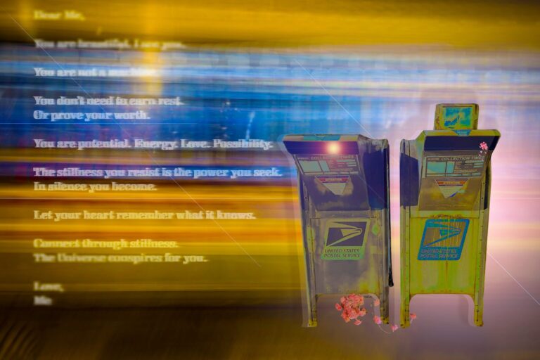 Silence is Potential. Original Photographs of bus, mailboxes, and flowers edited with orginal letter to self.