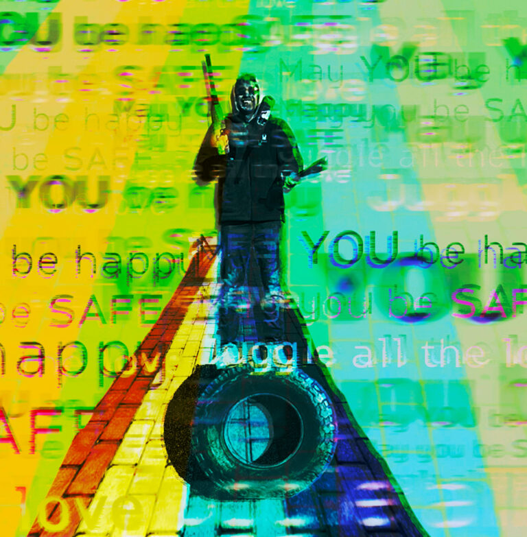 a juggler balances on a tire atop a rainbow crosswalk surrounded by metta phrases in a collage